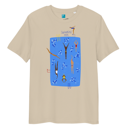 Beige organic swim shirt with illustrated blue pool and swimmers graphic, eco-friendly and sustainable shirt for swimmers and swim parents