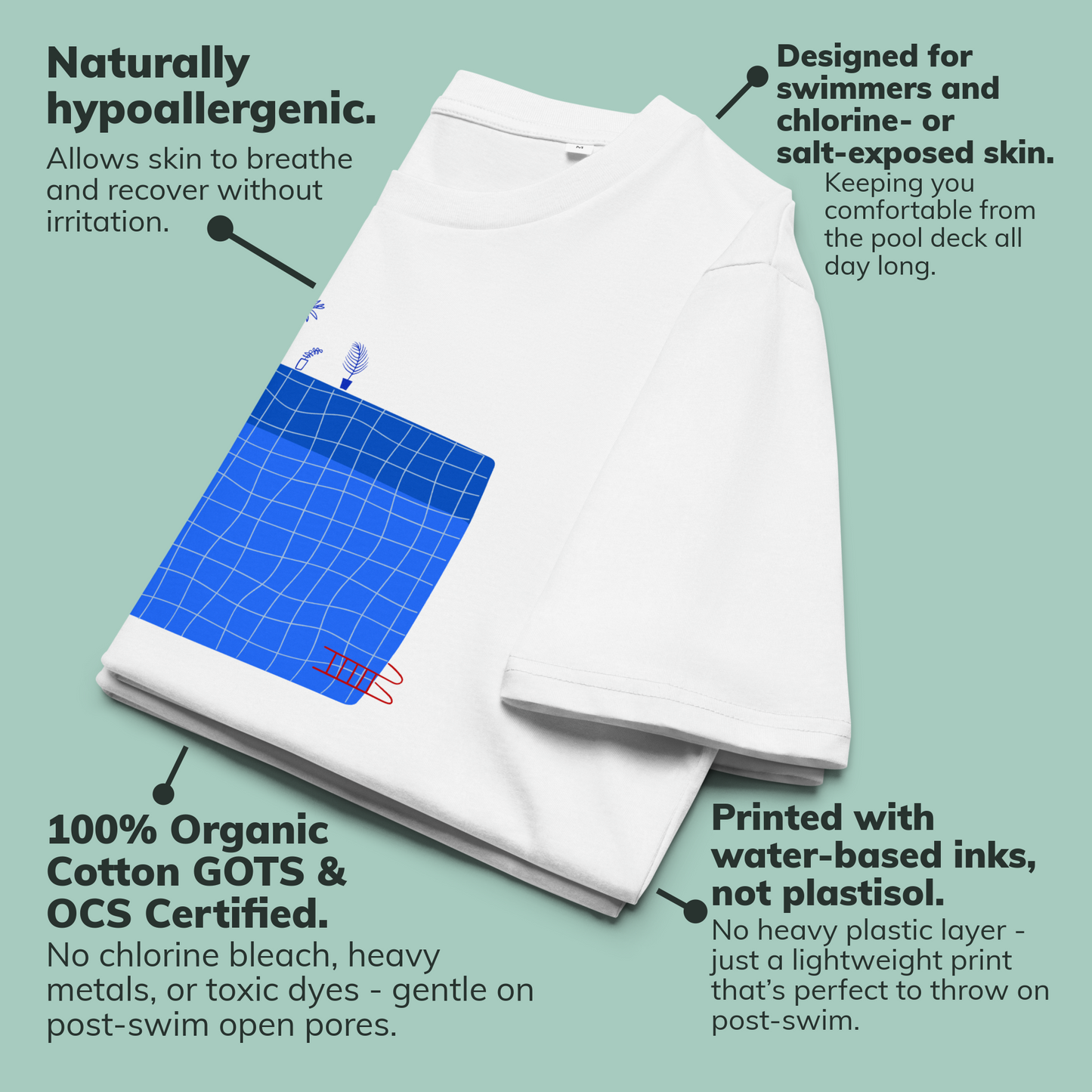 White organic swim shirt with blue grid design on a green background with text about product features.