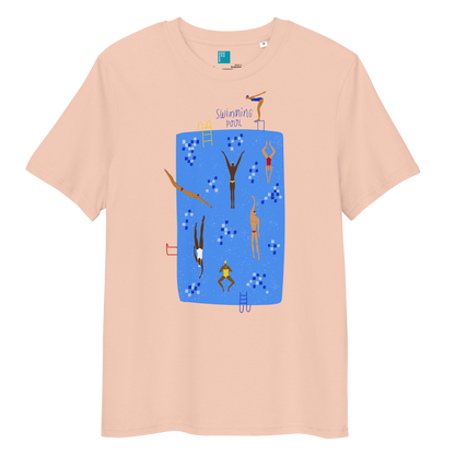Peach organic swim shirt with illustrated blue pool and swimmers graphic, eco-friendly and sustainable shirt for swimmers and swim parents