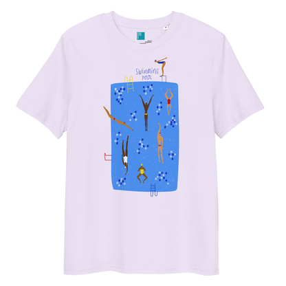 Lavender organic swim shirt with illustrated blue pool and swimmers graphic, eco-friendly and sustainable shirt for swimmers and swim parents