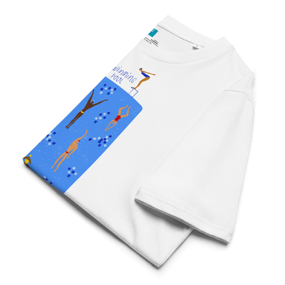 Folded white organic swim shirt with illustrated blue pool and swimmers graphic, eco-friendly and sustainable shirt for swimmers and swim parents