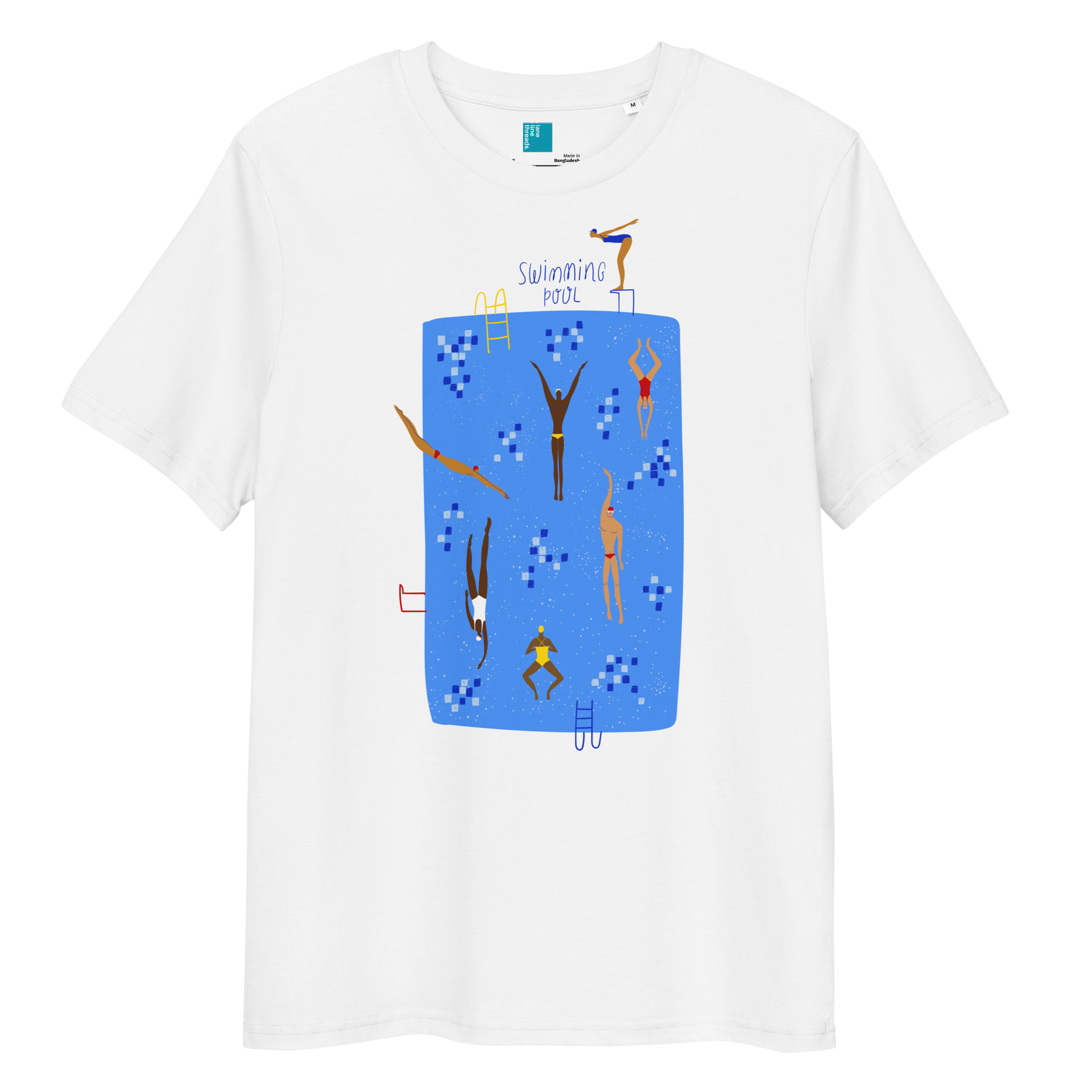 White organic swim shirt with illustrated blue pool and swimmers graphic, eco-friendly and sustainable shirt for swimmers and swim parents