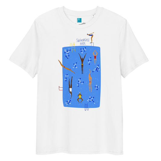 White organic swim shirt with illustrated blue pool and swimmers graphic, eco-friendly and sustainable shirt for swimmers and swim parents