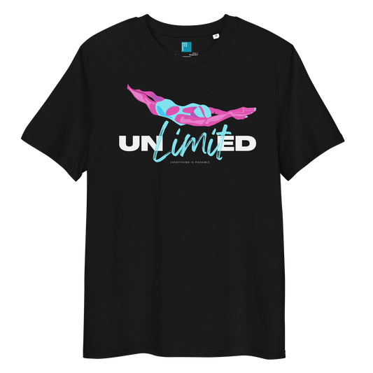Black organic swim shirt featuring a stylized swimmer girl graphic and the word “Unlimited” in bold and script fonts – ideal for sustainable-minded swimmers.