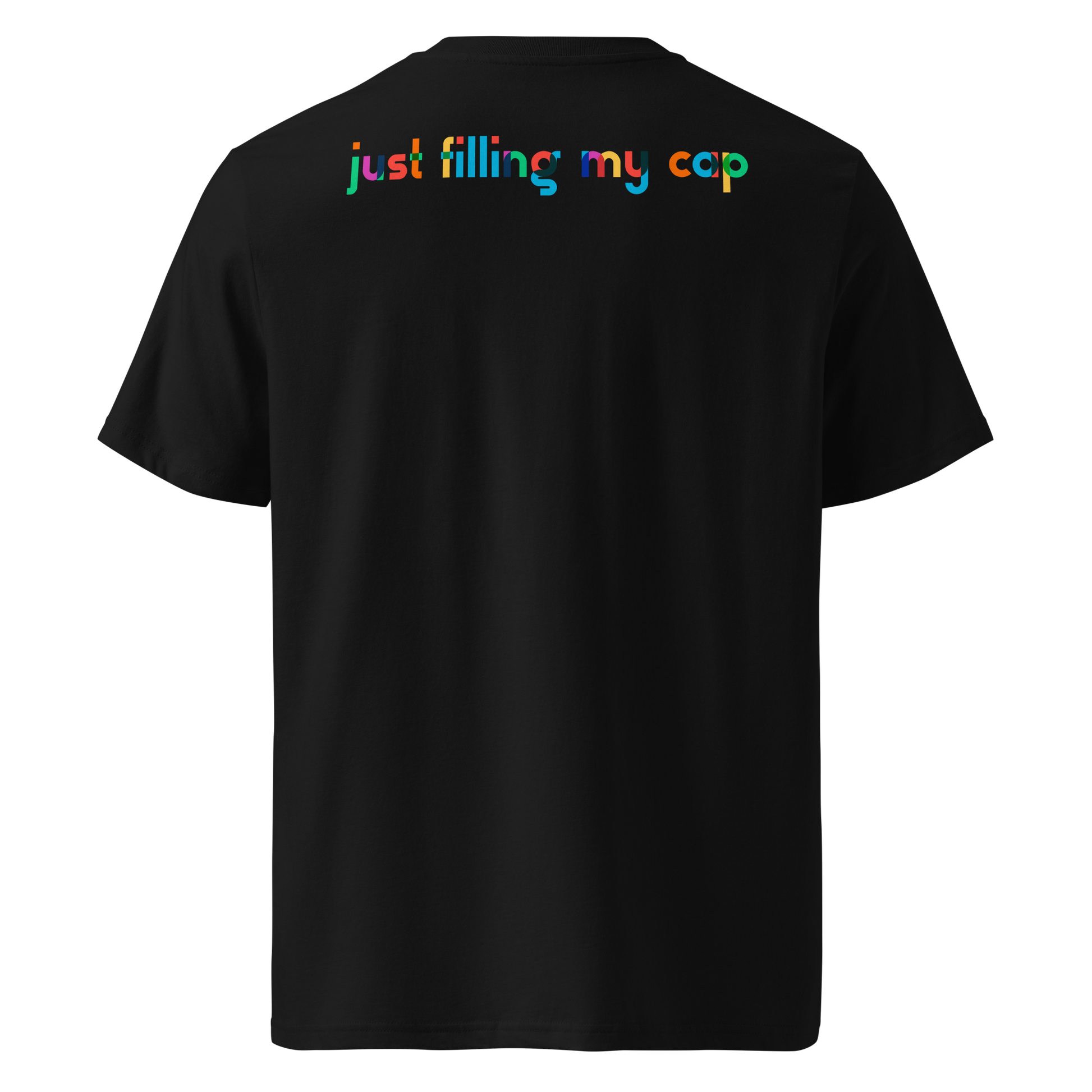 Black post swim organic cotton t-shirt with colorful swim-themed text on the back against a white background