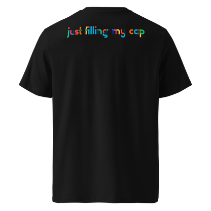 Black post swim organic cotton t-shirt with colorful swim-themed text on the back against a white background