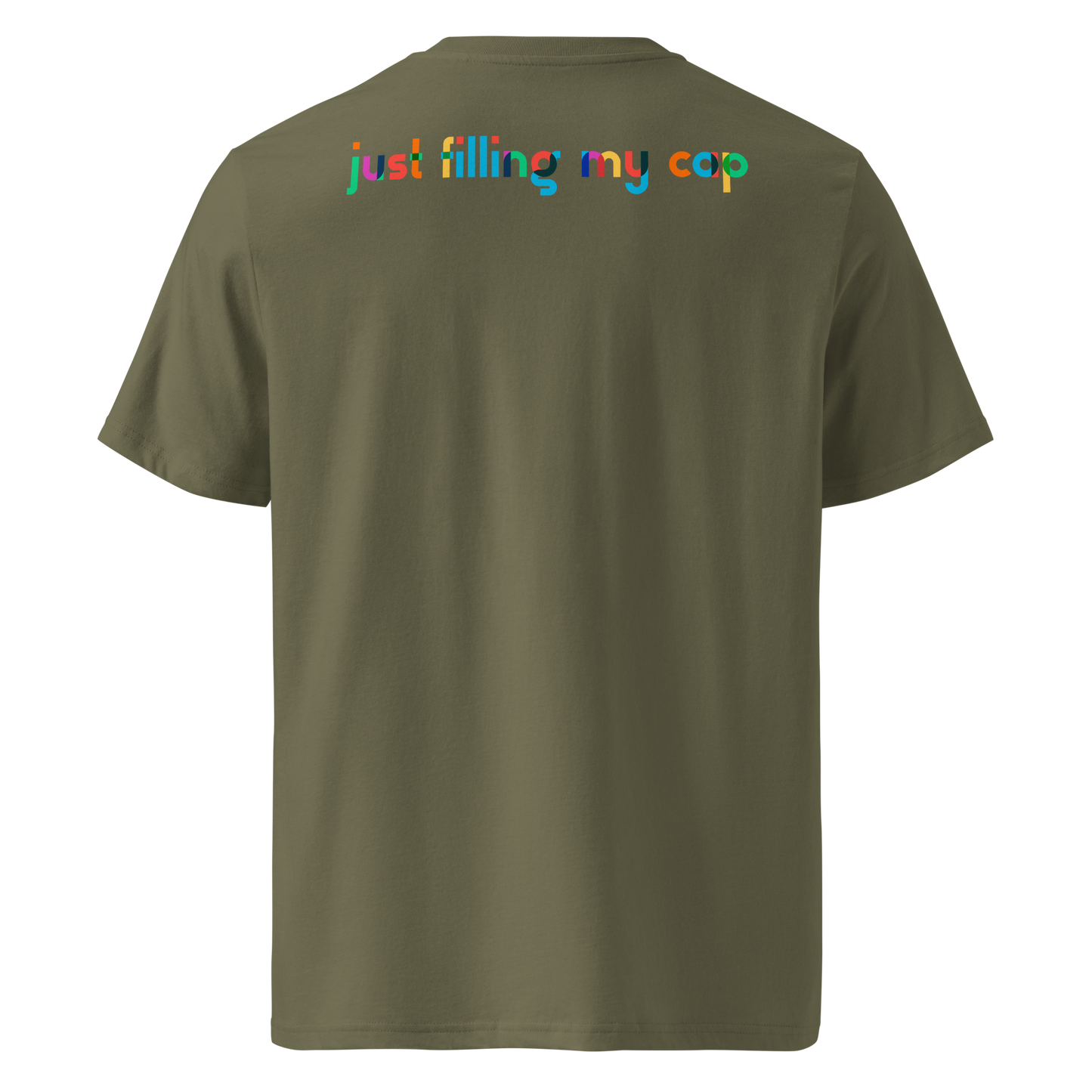 Green post swim organic cotton t-shirt with colorful swim-themed text on the back against a white background