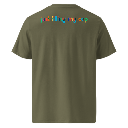 Green post swim organic cotton t-shirt with colorful swim-themed text on the back against a white background