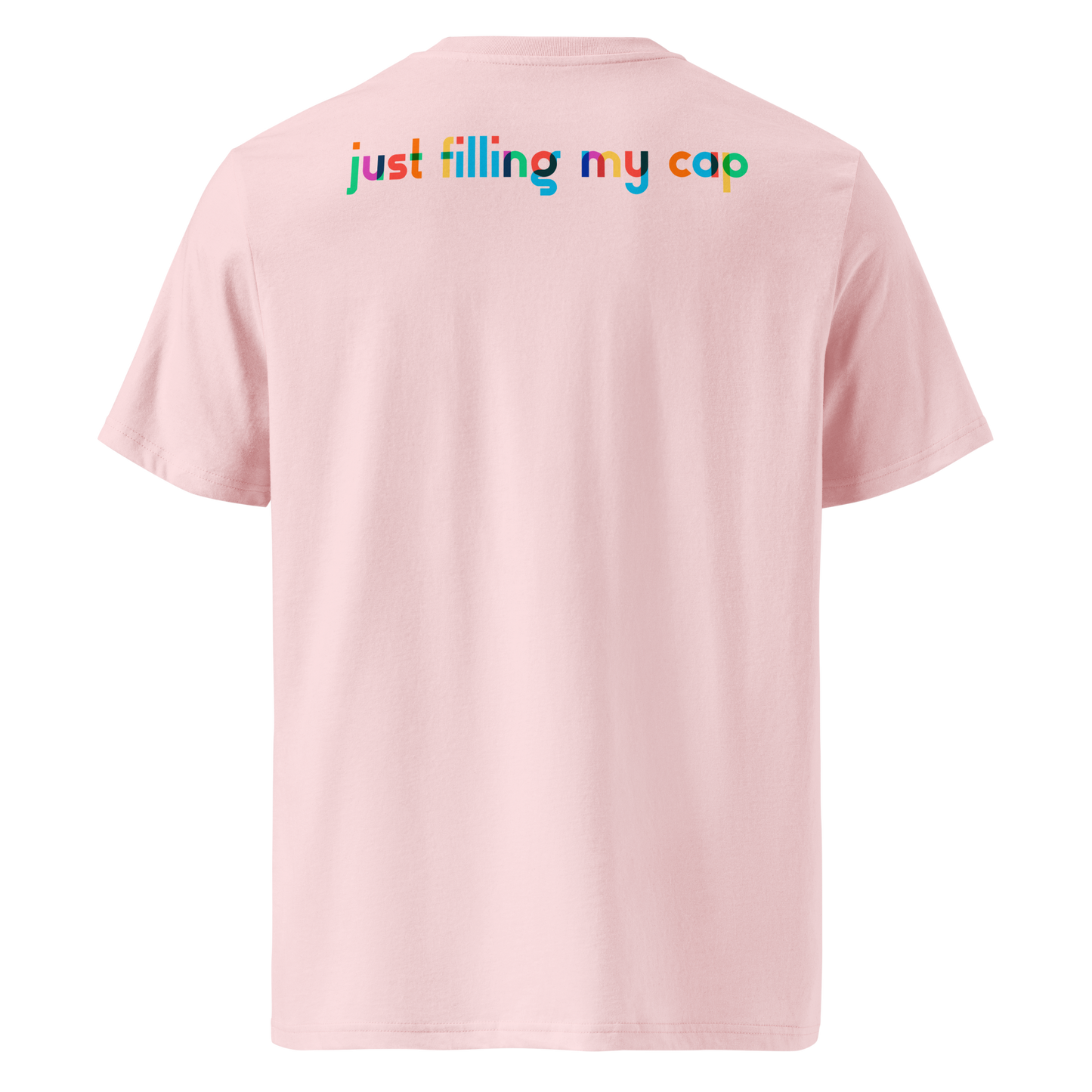Pink post swim organic cotton t-shirt with colorful swim-temed text on the back against a white background