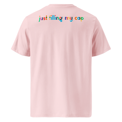Pink post swim organic cotton t-shirt with colorful swim-temed text on the back against a white background
