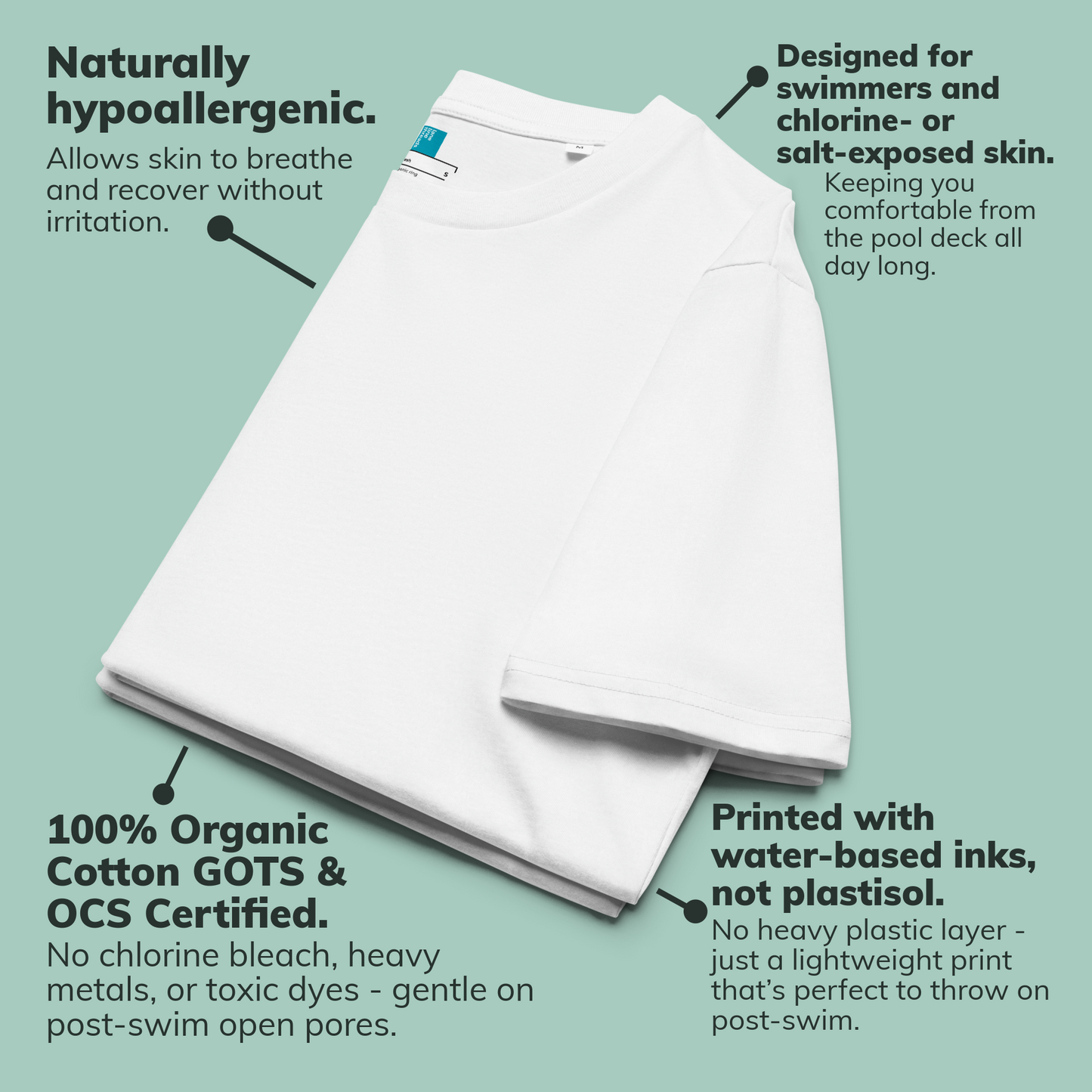 White post swim organic cotton t-shirt with text highlighting swimmers' skin health features on a light green background