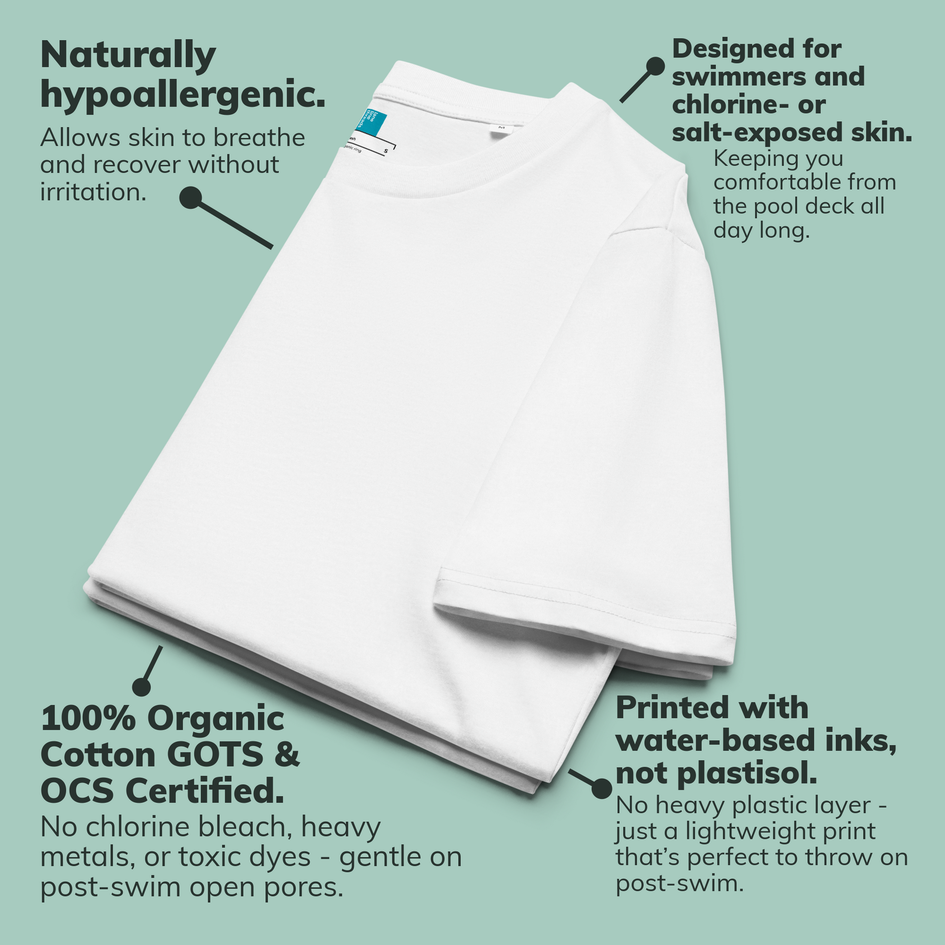White post swim organic cotton t-shirt with text highlighting swimmers' skin health features on a light green background
