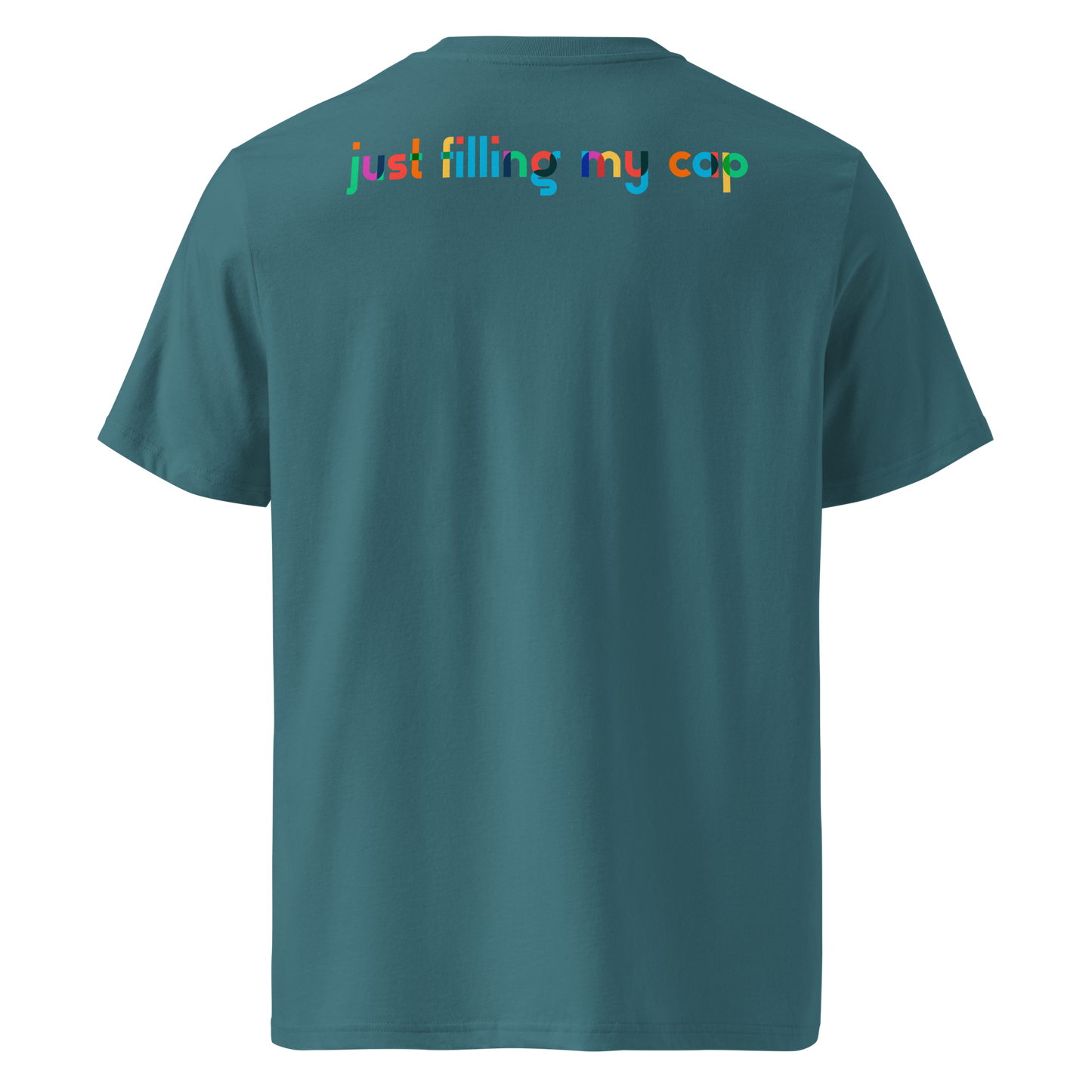 Teal post swim organic cotton t-shirt with colorful swim-themed text on the back against a white background