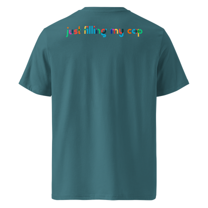 Teal post swim organic cotton t-shirt with colorful swim-themed text on the back against a white background