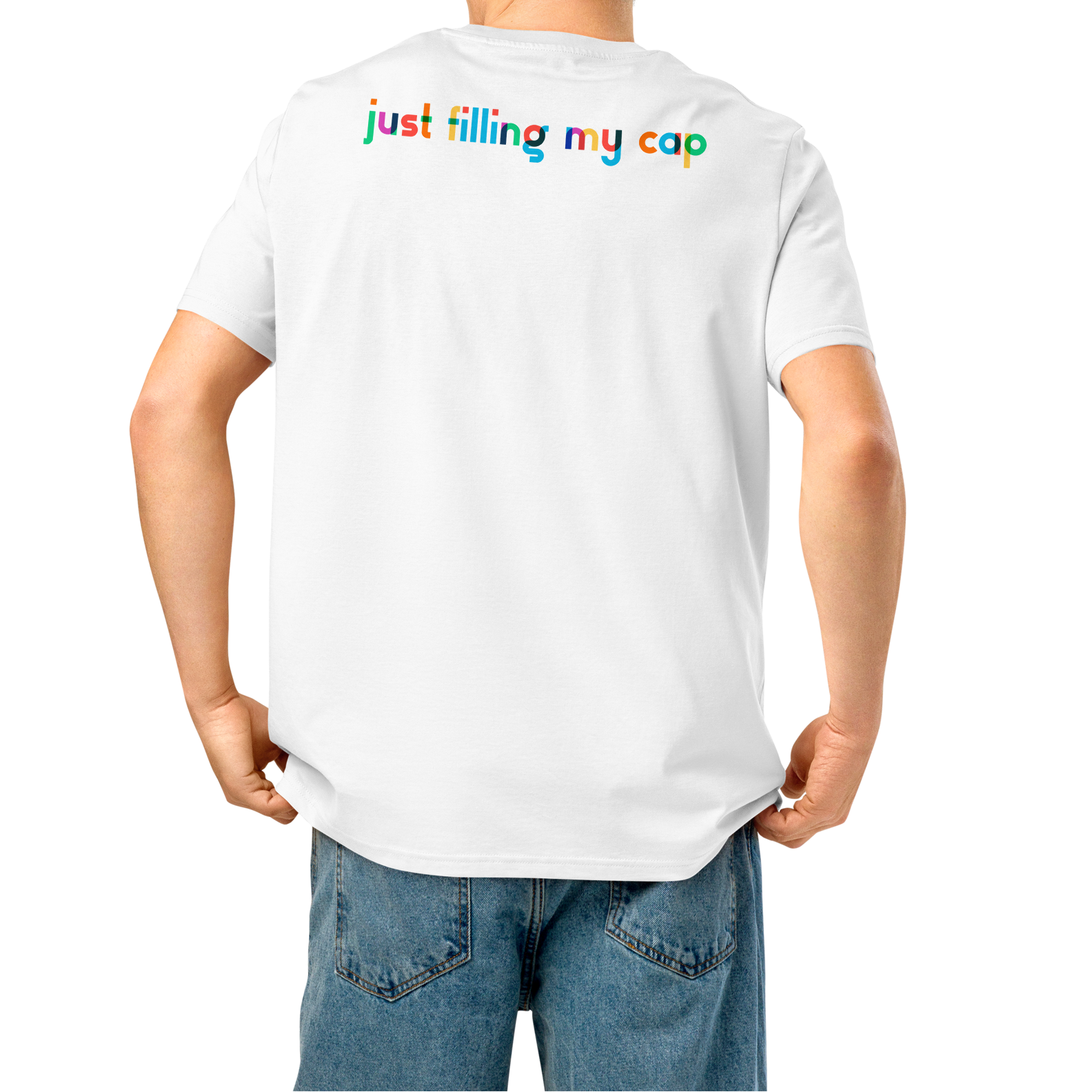Person wearing a white post swim organic cotton t-shirt with colorful swim-themed text on the back, standing against a white background