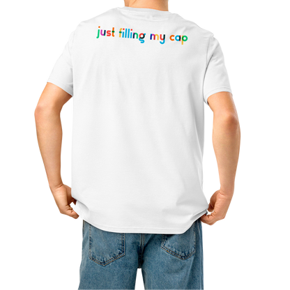Person wearing a white post swim organic cotton t-shirt with colorful swim-themed text on the back, standing against a white background