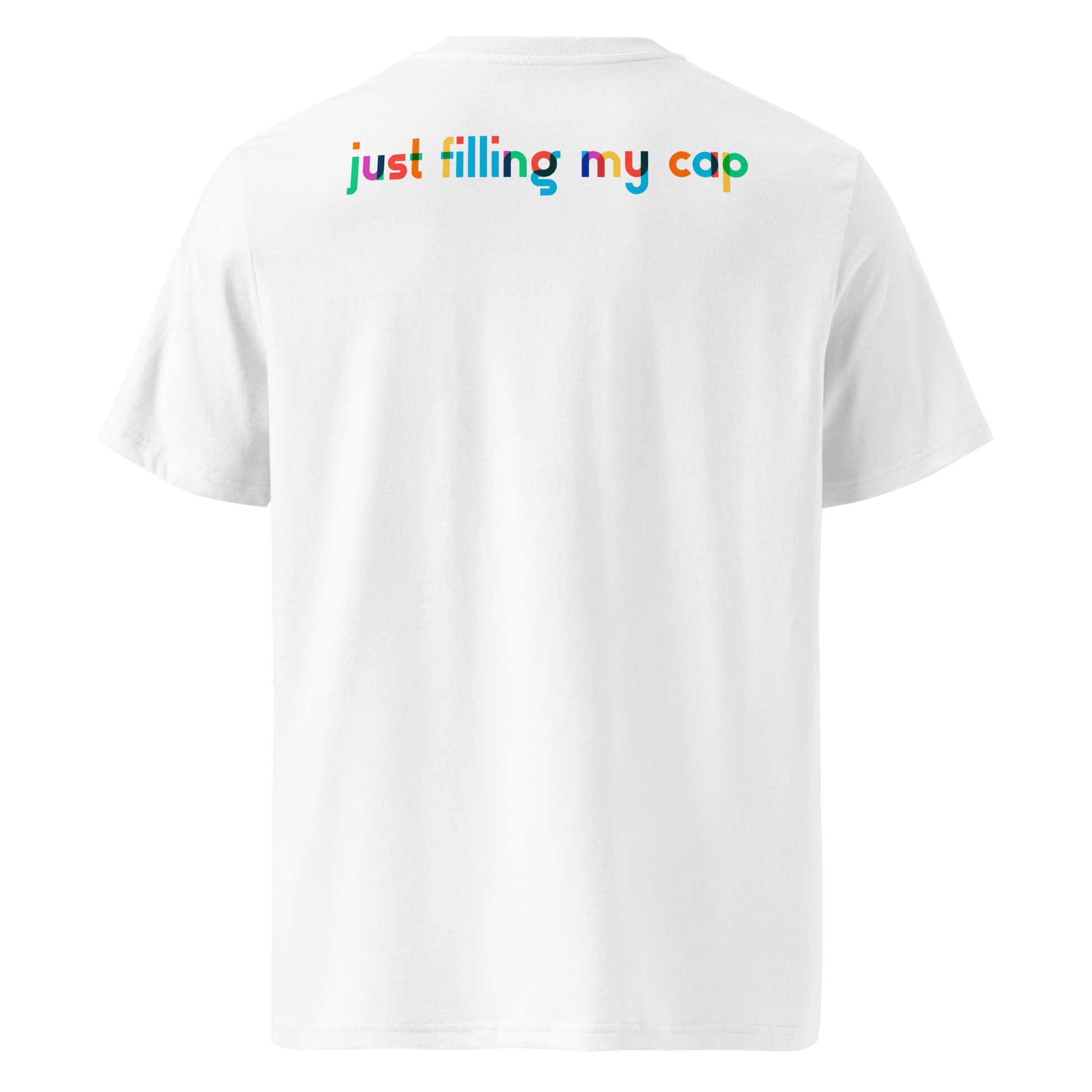 White swim-themed organic cotton t-shirt with colorful text 'just filling my cap' on the back against a white background