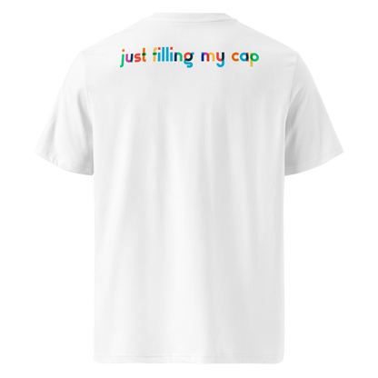 White swim-themed organic cotton t-shirt with colorful text 'just filling my cap' on the back against a white background