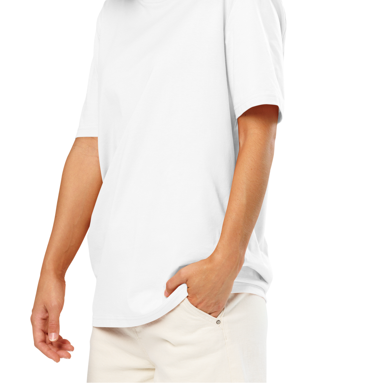 Woman wearing a white post-swim organic cotton t-shirt on a white background