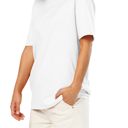 Woman wearing a white post-swim organic cotton t-shirt on a white background