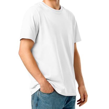 Person wearing a white post swim organic cotton t-shirt and blue jeans on a white background