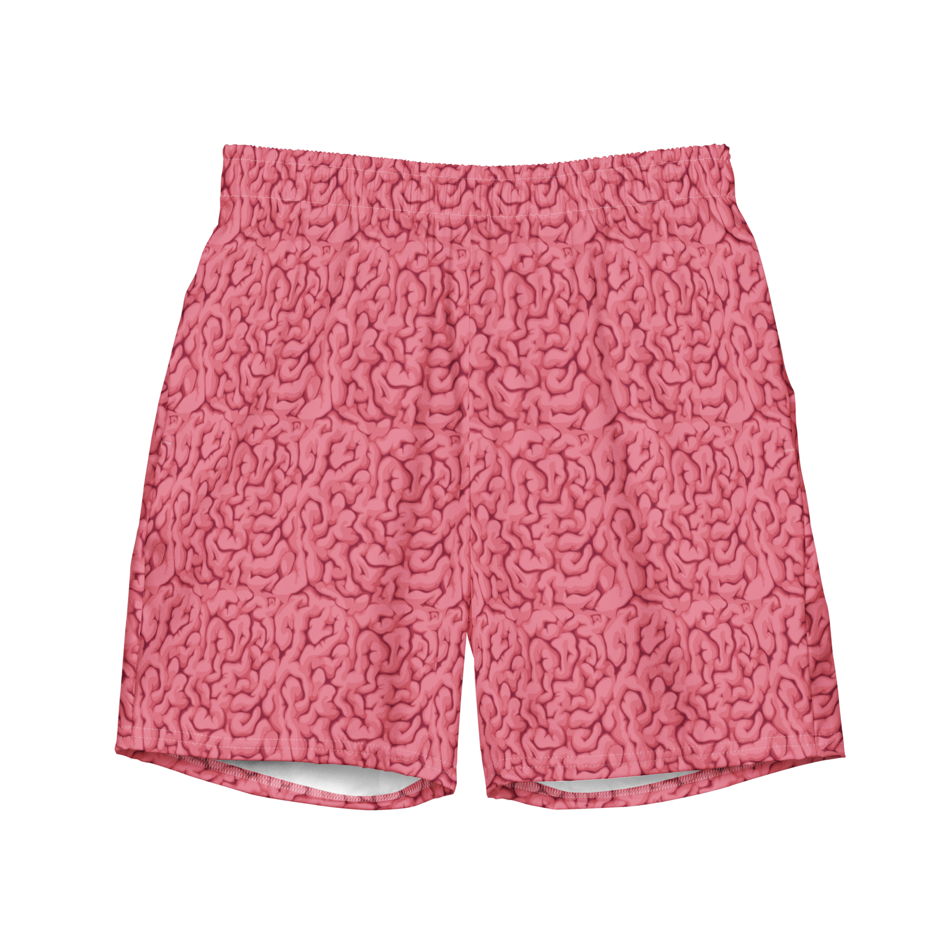 Halloween brain print organic swim trunks for swimmers and coaches, eco-friendly quick-dry trunks designed for comfort, humor, and sustainable style.