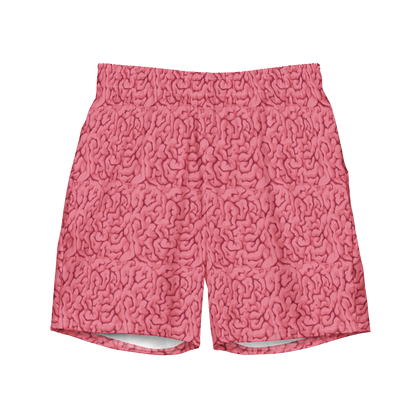 Halloween brain print organic swim trunks for swimmers and coaches, eco-friendly quick-dry trunks designed for comfort, humor, and sustainable style.