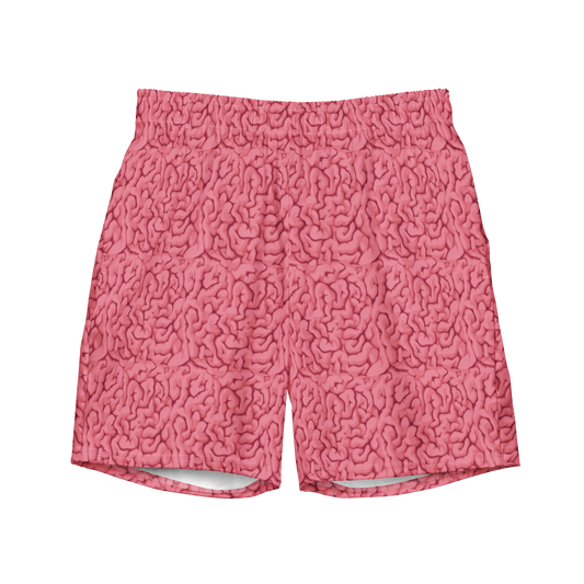 Halloween brain print organic swim trunks for swimmers and coaches, eco-friendly quick-dry trunks designed for comfort, humor, and sustainable style.
