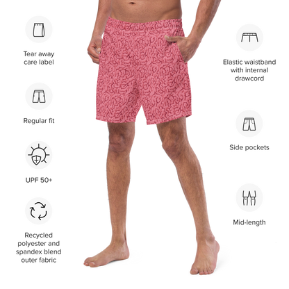 Person wearing organic swim trunks with brain print on it with features listed on a white background