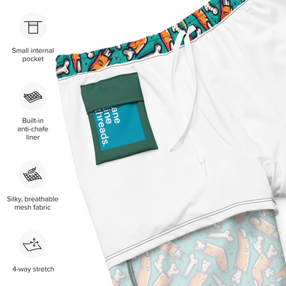inner side close-up of a Halloween themed organic swim trunks with features highlighted on a white background