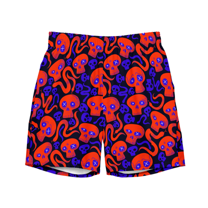 organic swim trunks with a vibrant pattern of red and blue skulls on a white background