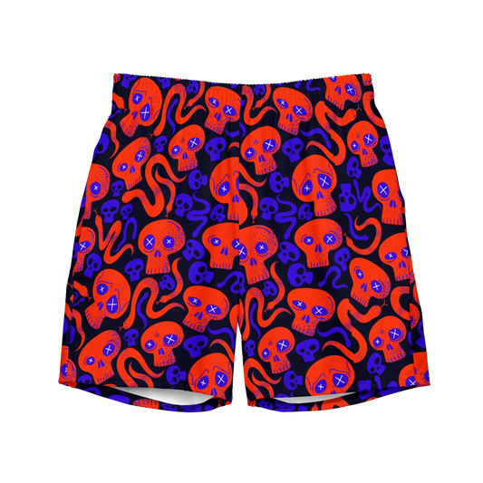 organic swim trunks with a vibrant pattern of red and blue skulls on a white background