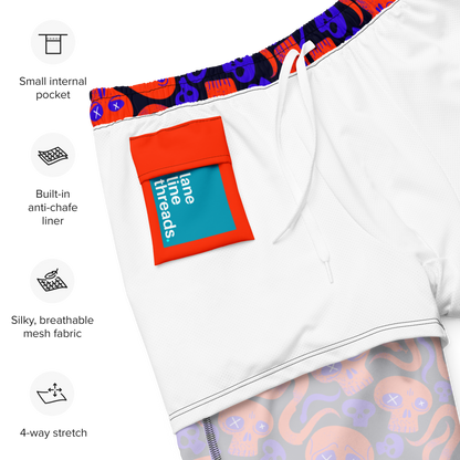 Halloween organic sim trunks with a built-in anti-chafe liner and mesh pocket, featuring lane threads branding.
