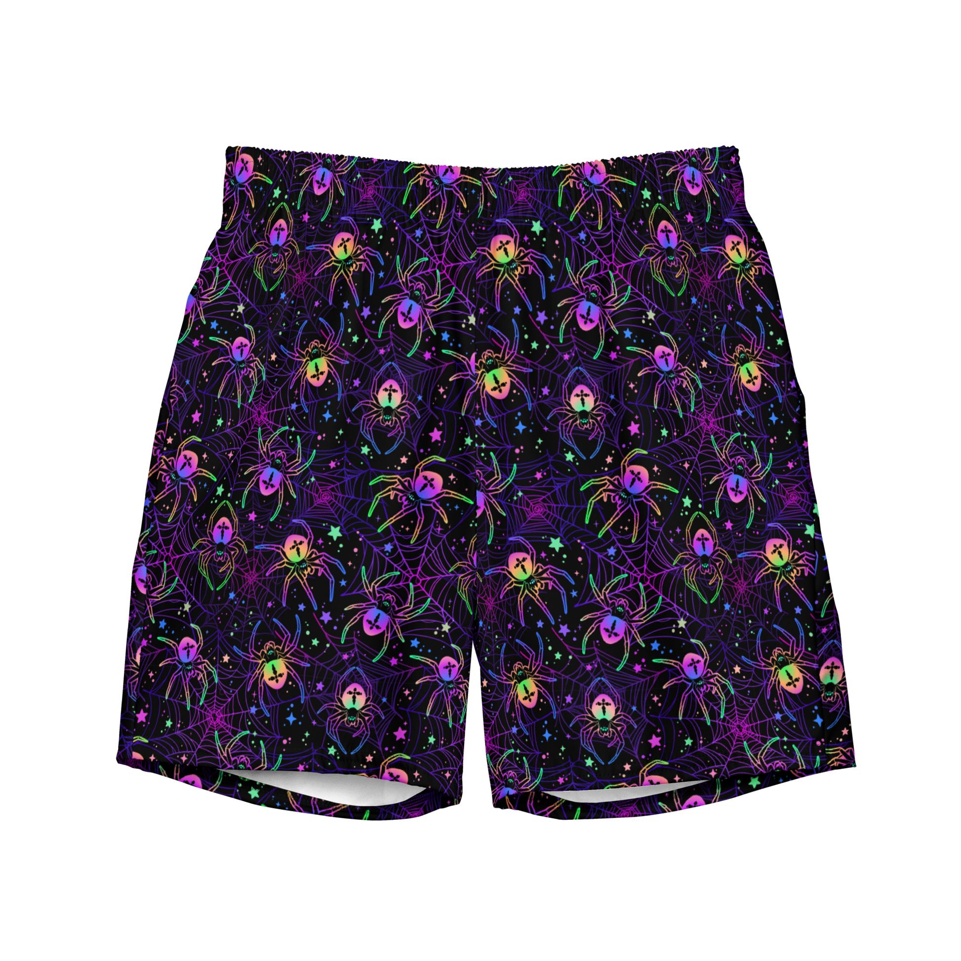 Halloween organic swim trunks with neon rainbow spiders and web pattern on black background, quick-drying, recycled fabric trunks for swimmers and coaches.