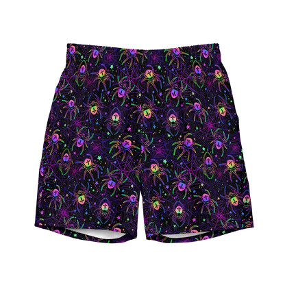 Halloween organic swim trunks with neon rainbow spiders and web pattern on black background, quick-drying, recycled fabric trunks for swimmers and coaches.