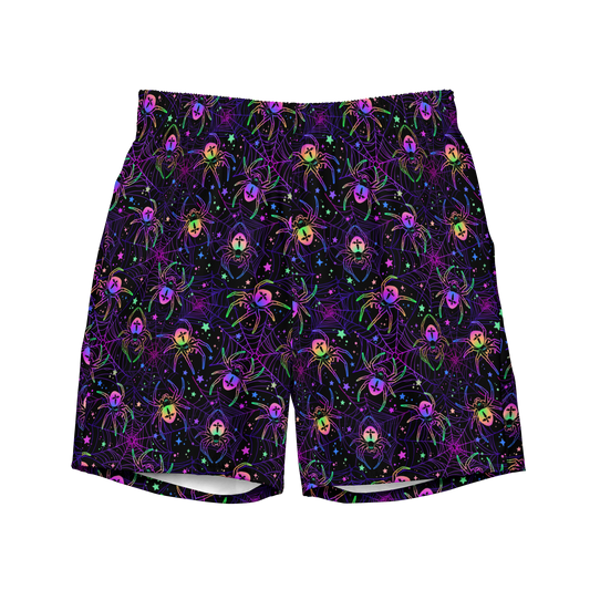 Halloween organic swim trunks with neon rainbow spiders and web pattern on black background, quick-drying, recycled fabric trunks for swimmers and coaches.