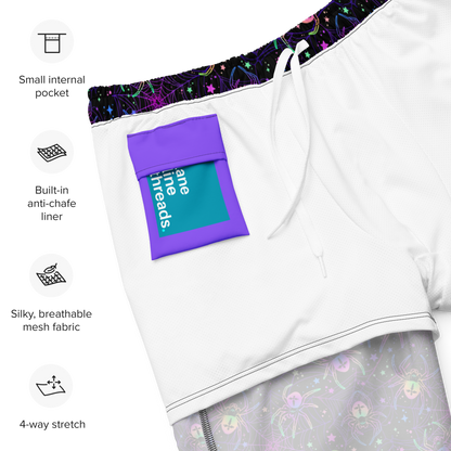 White inner side of an organic swim trunks with a purple pocket featuring Lane Line Threads label on the side.