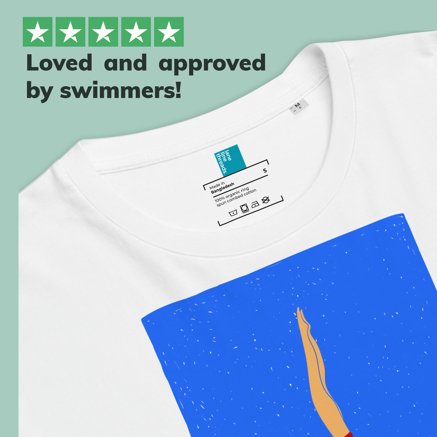 White organic swim shirt with blue design and Lane Line Threads brand label on a light green background
