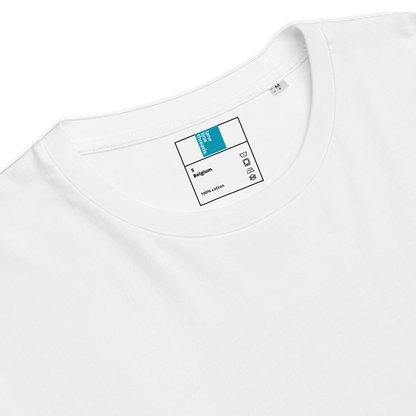Close-up of a white t-shirt with a Lane Line Threads label on a white background