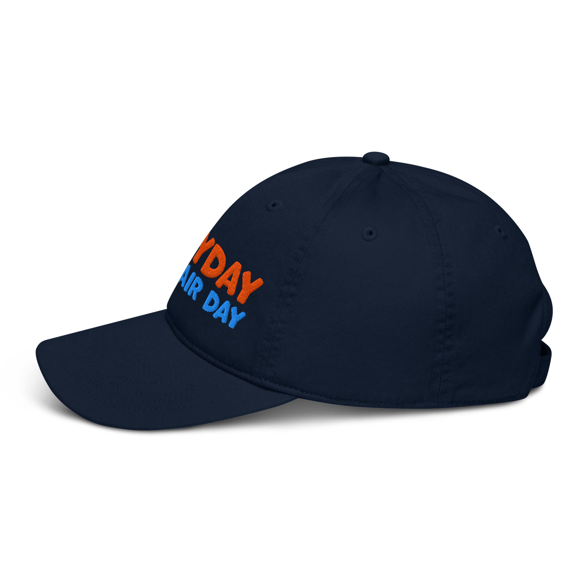 Navy blue cap with colorful text on a white background
