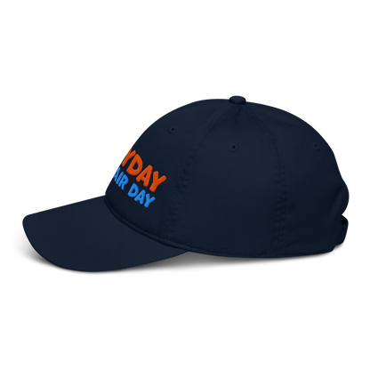Navy blue cap with colorful text on a white background