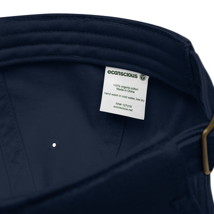 Navy blue garment with an econscious label on a white background