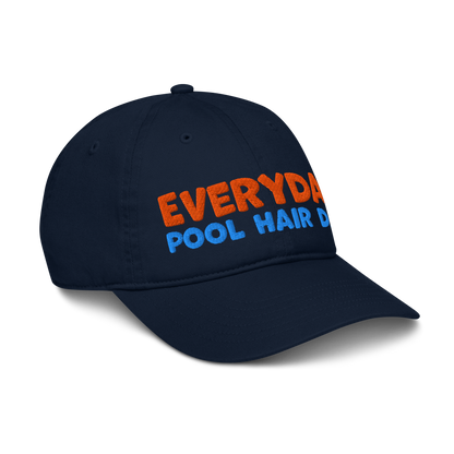 Side view of black organic baseball cap angled right, highlighting soft, curved brim and minimalist stitching. Made from sustainable, biodegradable cotton.