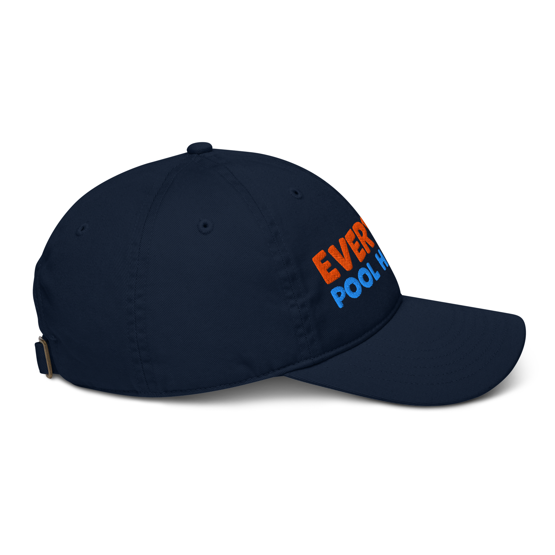 Navy blue cap with orange and blue text on a white background