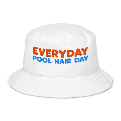 White organic cotton bucket hat with "EVERYDAY" in orange and "POOL HAIR DAY" in blue embroidered text. Eco-friendly, breathable, and biodegradable swimmer hat.