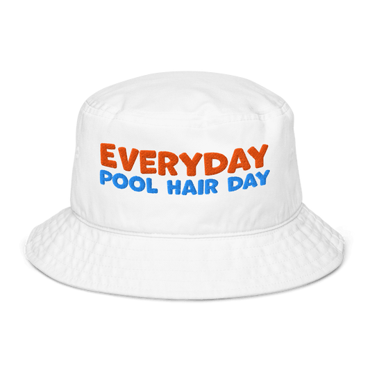 White organic cotton bucket hat with "EVERYDAY" in orange and "POOL HAIR DAY" in blue embroidered text. Eco-friendly, breathable, and biodegradable swimmer hat.