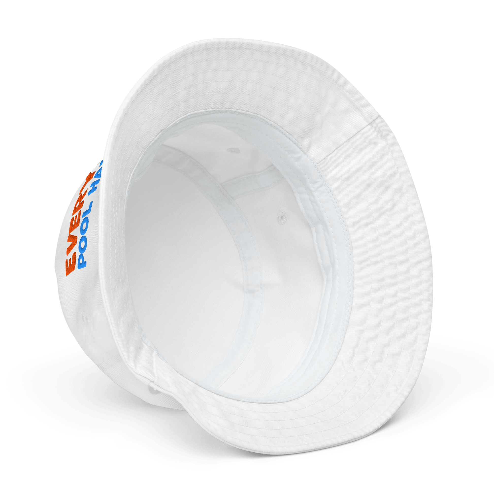 White bucket hat with a colorful logo on a white background