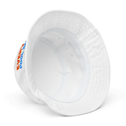 White bucket hat with a colorful logo on a white background