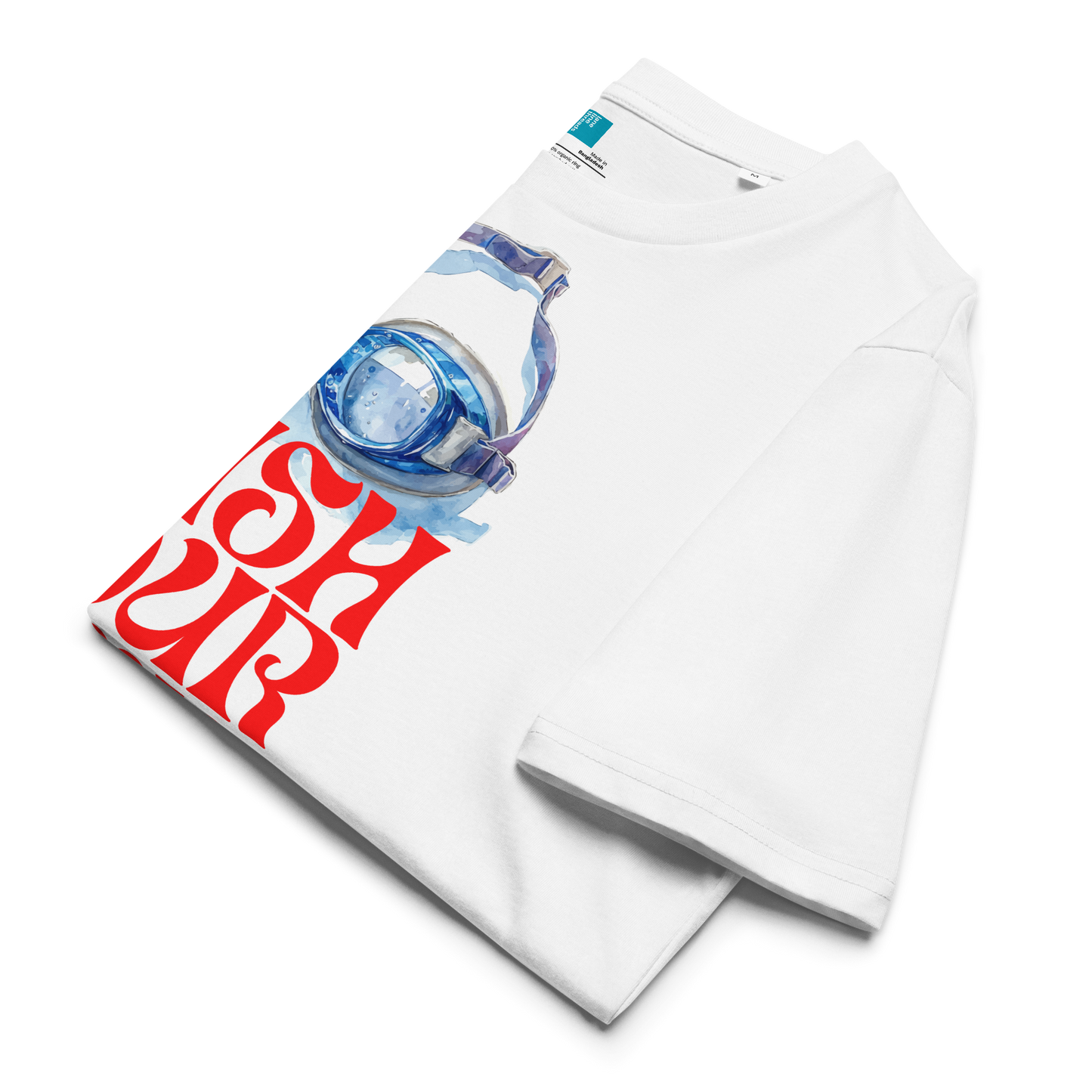 Folded front white eco-friendly organic cotton shirt featuring a part of its watercolor swimmer goggles illustration and the red words "push your limit" in vintage inspired modern font – ideal for sustainable-minded swimmers.