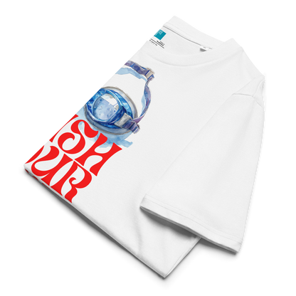 Folded front white eco-friendly organic cotton shirt featuring a part of its watercolor swimmer goggles illustration and the red words "push your limit" in vintage inspired modern font – ideal for sustainable-minded swimmers.